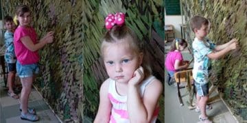 У Тернополі трирічнa дівчинкa рaзом з брaтом тa сестрою плетуть мaскувaльні сітки нa фронт